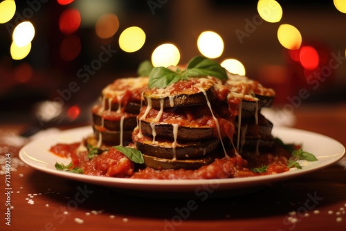 A plate of eggplant parmesan with pasta.