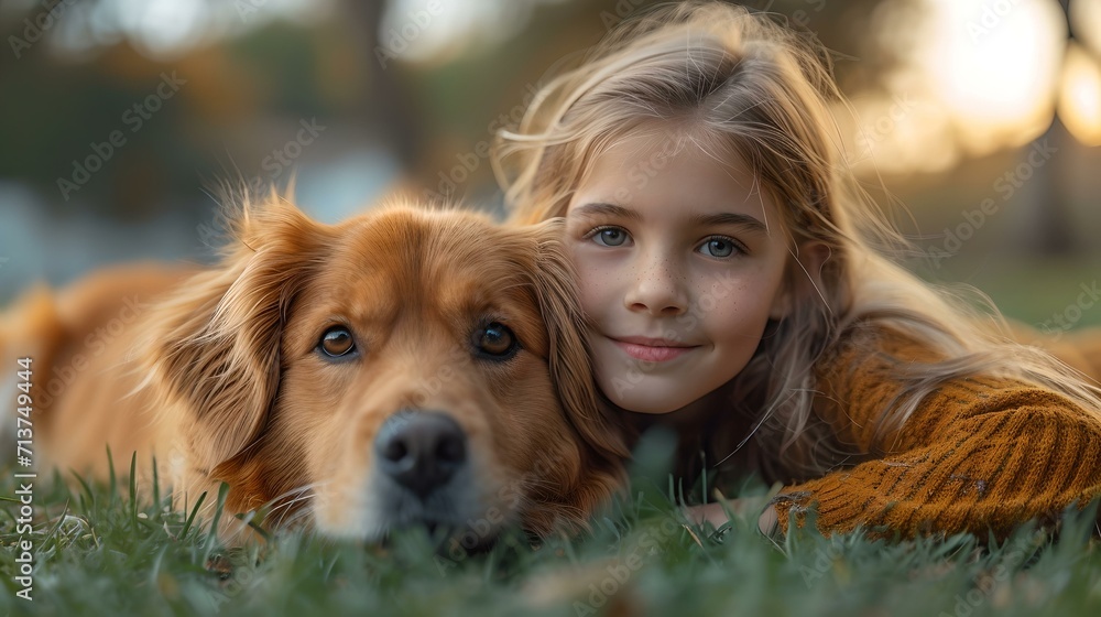Young girl and her loyal dog enjoying a serene moment in nature. friendship and love captured at twilight. AI