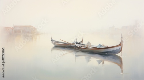 two traditional gondolas, their elegant curves reflected in calm waters, set against a serene white background, capturing the romantic allure of a Venetian-inspired moment.