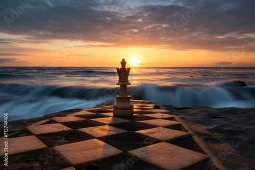 Sunrise chessboard, dramatic composition. Chess piece on beach with sea and sky backdrop. Generative AI