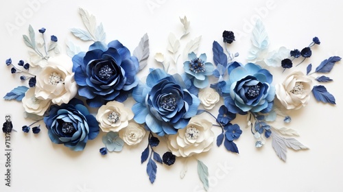 white and blue blooms coalesce against a clean white backdrop.