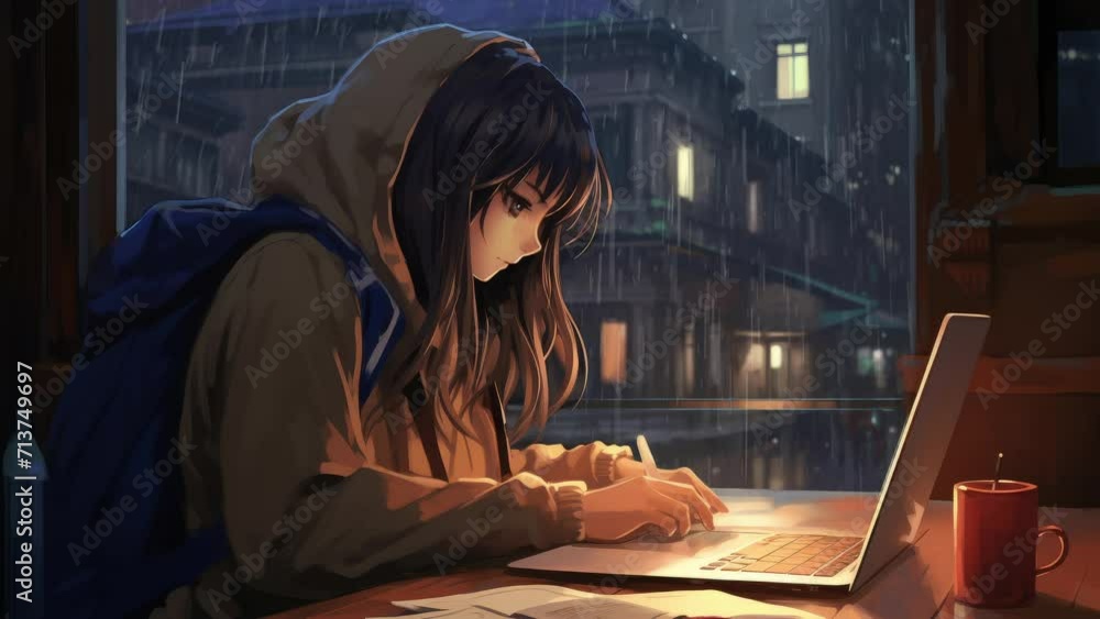 Lofi Girl studying at her desk. Rain ourside, beautiful chill ...