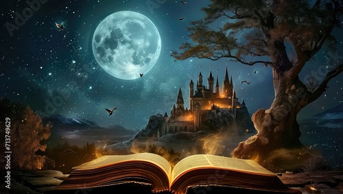 Magical open book with an astounding fantasy story telling background  with moon and ancient tree