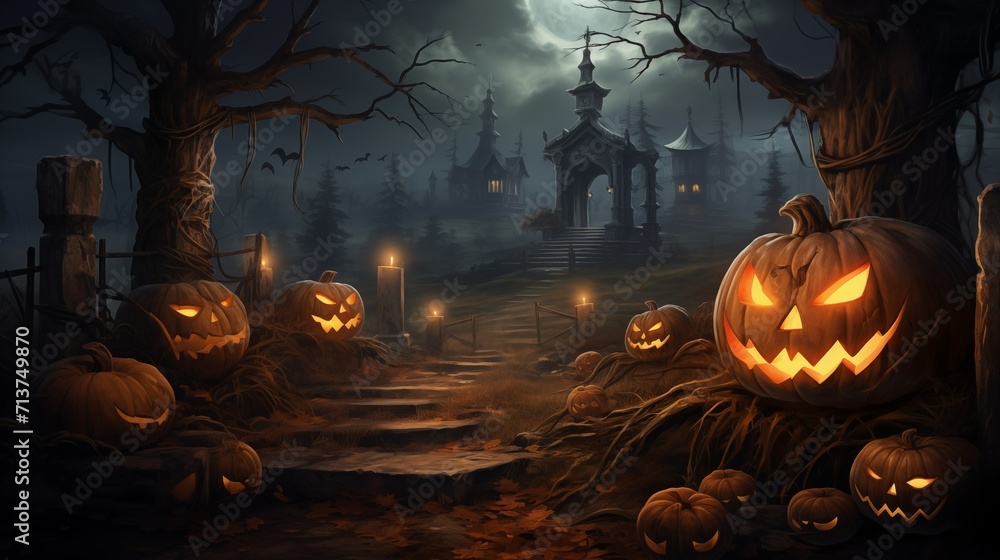 Halloween background with haunted house, pumpkins, witch and bats
