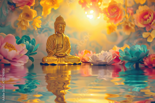 glowing golden Buddha with colorful paper cut clouds, nature background and water reflection