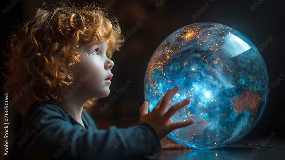 Naklejka premium Child marveling at a glowing celestial orb in a dim room. captured moment of wonder and discovery. AI