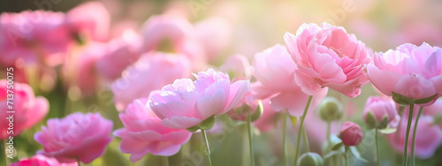 A serene scene of pink tulips illuminated by the gentle light of a sunset  creating a soft  dreamy atmosphere in a spring garden. 