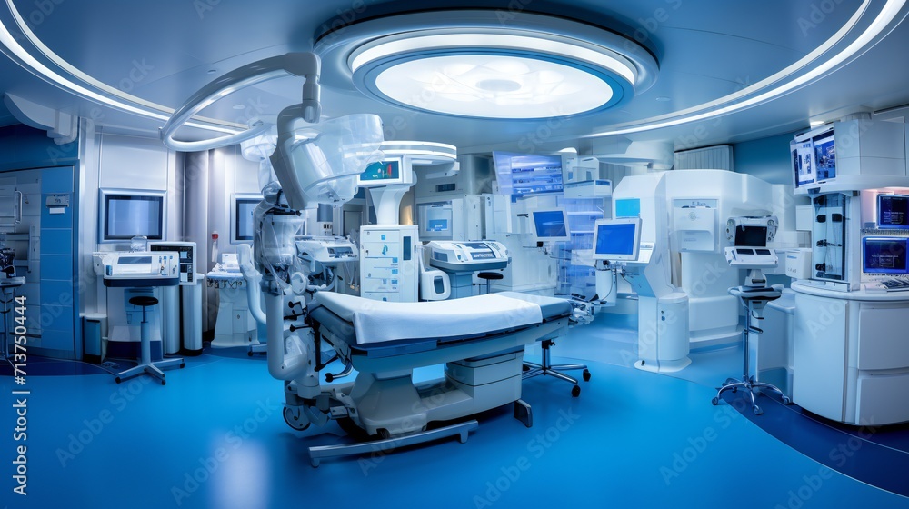 Operating theater panorama with a centralized control station for surgical equipment.