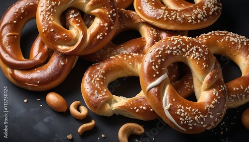 Macro close-up of pretzels on a dark surface background 