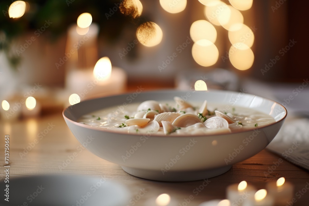 Close-up of a bowl of clam chowder with oyster crackers. Close-up of a bowl of clam chowder with oyster crackers.
