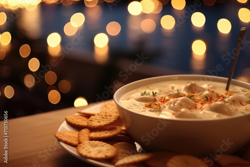 Close-up of a bowl of clam chowder with oyster crackers.