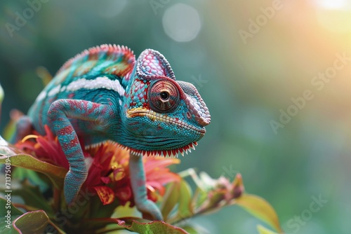 Chameleon on flower. Beautiful extreme close-up.
