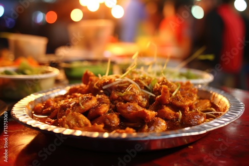A plate of chicken satay with peanut sauce. photo
