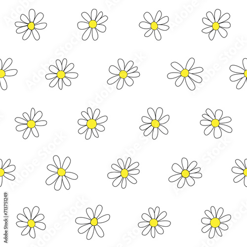 Daisies on a white background. Funny hand-drawn camomile ornament. Flat, isolated. Seamless pattern. Background for paper, cover, fabric, textile, dishes, interior decor. 