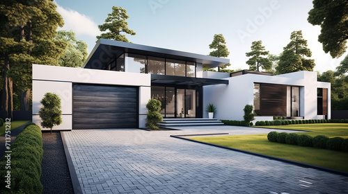 perspective of black and white modern luxury house with green lawn yard 3D rendering.