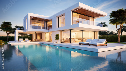 perspective of luxury modern house with swimming pool © Aura