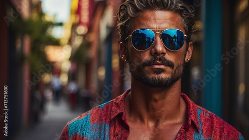 tanned man with blue sunglasses, with beard, wearing colorful clothes, colorful photography, close-up photo