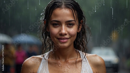 latin american woman smiling at camera in the rain, closeup photo