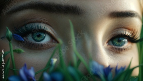 detail shot of a woman's green eyes with close-up, green plants