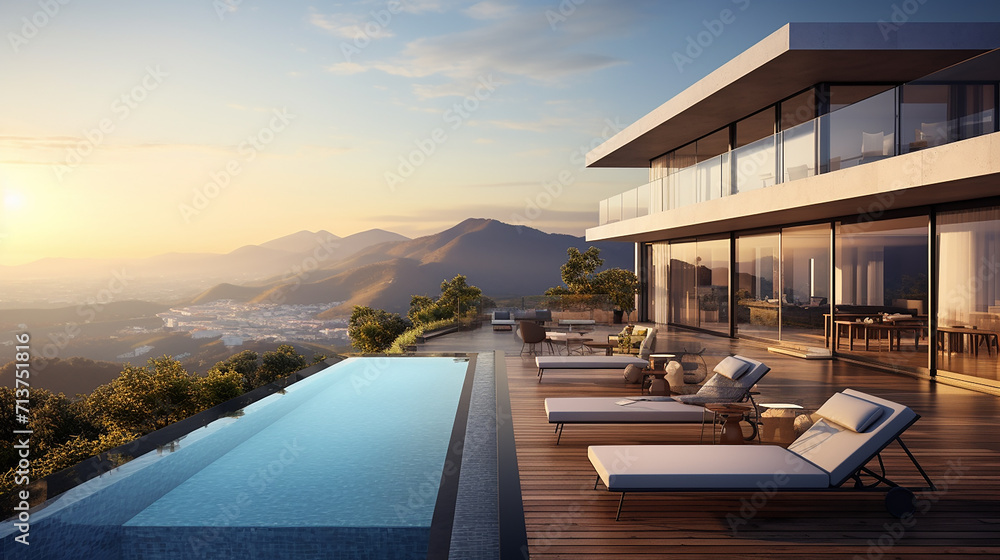 Fototapeta premium beautiful perspective of modern building with terrace and swimming pool at sunset