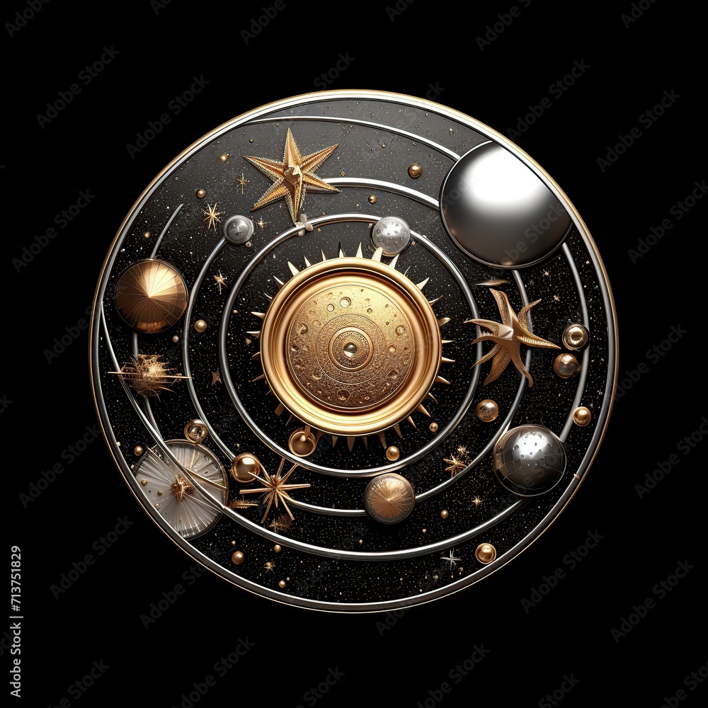 Metal astronomy symbol, great for decorate 3D breastpin Models. generative AI Metal astronomy symbol, great for decorate 3D breastpin Models. generative AI