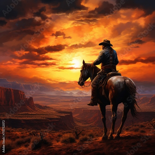 Cowboy sunset time riding horse images Generative AI