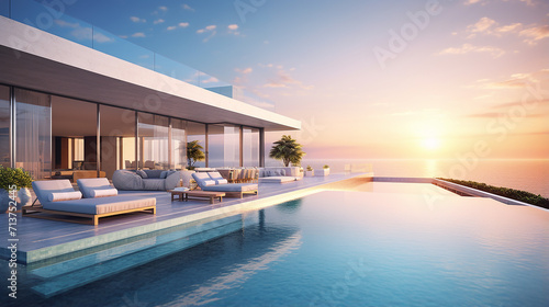 perspective of modern luxury building with terrace and swimming pool in sunset