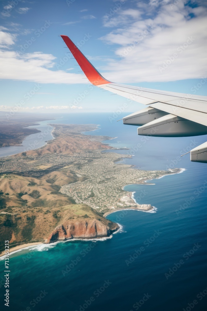 Wing of an airplane flying above the sea. View from airplane window Wing of an airplane flying above the sea. View from airplane window
