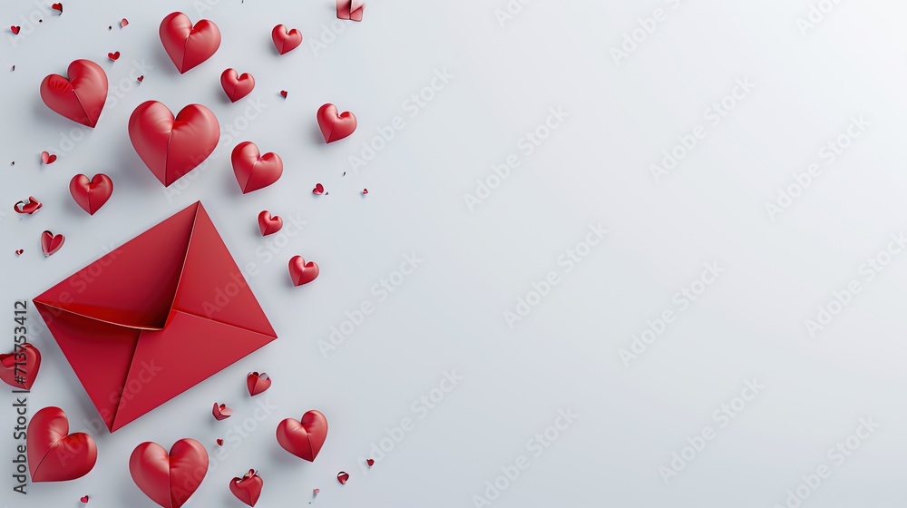 Red envelope with a message of love, a declaration of feelings, on a white background with hearts around. message of love on valentine's day. Space for text on card Copy space image Red envelope with a message of love, a declaration of feelings, on a white background with hearts around. message of love on valentine's day. Space for text on card Copy space image