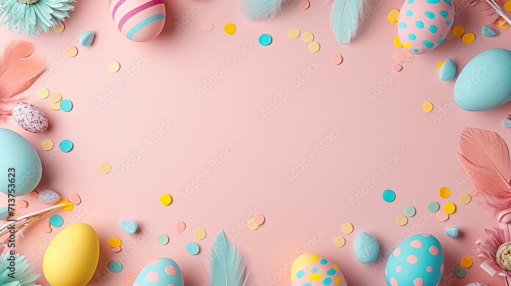 Colorful Easter eggs and feathers around picture frame on blue background Minimalistic concept Top down perspective Space for text on card Copy space image Space to add text or design
