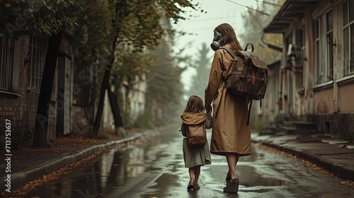 A picture of a gloomy post-apocalyptic future, a mother and daughter in gas masks go home with backpack. Consequences of world military conflicts, human safety in a new dangerous world 