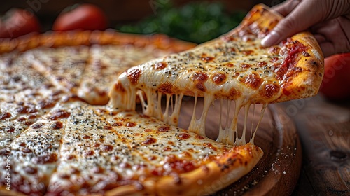 Four cheese pizza with stretchy dripping cheese, mozzarella, parmesan, gorgonzola and emmental with stretchy dripping cheese, tomato sauce, holds in hand on a wooden board