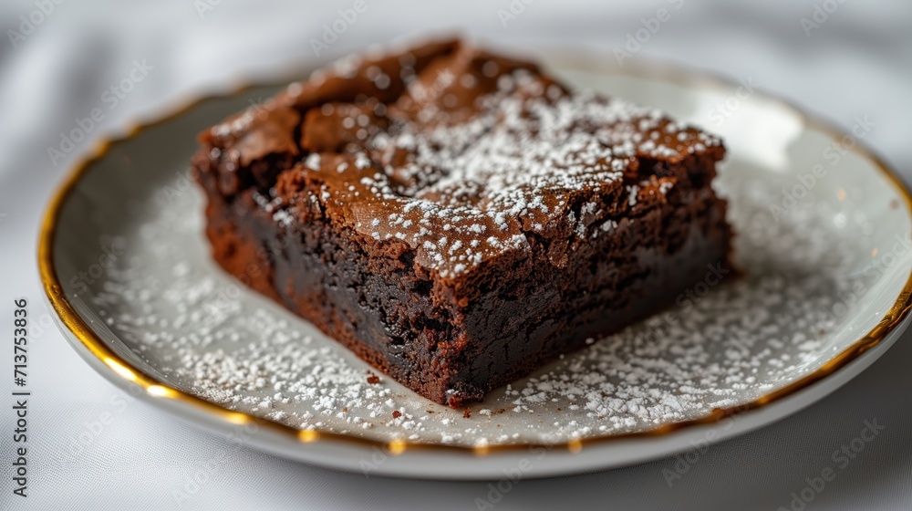 close-up of a piece of a homemade fudge brownie with icing on top on a plate.