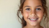 Indian beautiful young girl in braces smiles happily. Taking care of dental health, oral hygiene. Advertising for pediatric dentistry