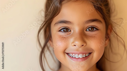 Indian beautiful little girl in braces smiles happily. Taking care of dental health  oral hygiene. Advertising for pediatric dentistry