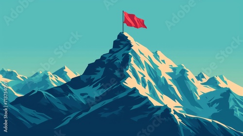 A majestic mountain peak crowned with a vibrant red flag, symbolizing achievement and adventure, goal of business concept photo