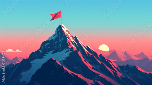 A majestic mountain peak crowned with a vibrant red flag, symbolizing achievement and adventure, goal of business concept photo