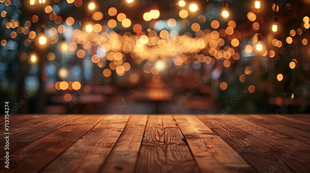 Warm bokeh lights create an enchanting atmosphere over a rustic wooden table