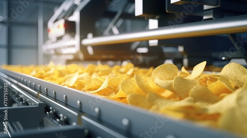 Chips_tape_in_the_food_industry_products_ready_for packaging Production line at plant for potato chips snacks filled by machines ai generative images