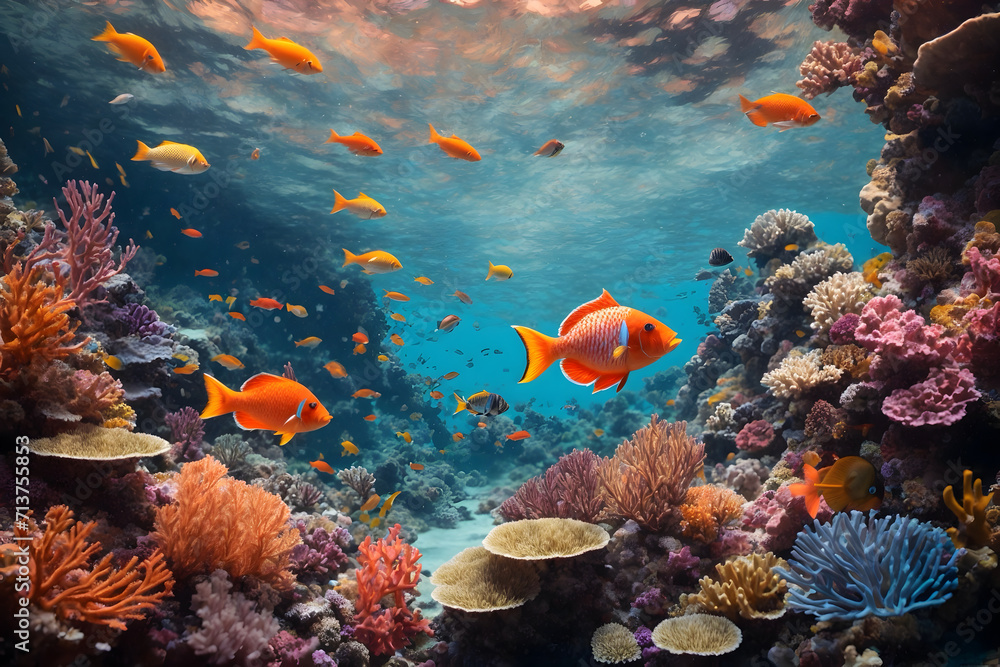 Naklejka premium Colorful undersea coral reefs with tiny little fishes