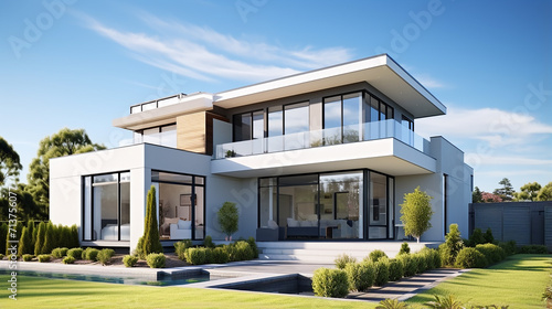 beautiful view of modern house on Australian style on sunny day with blue sky