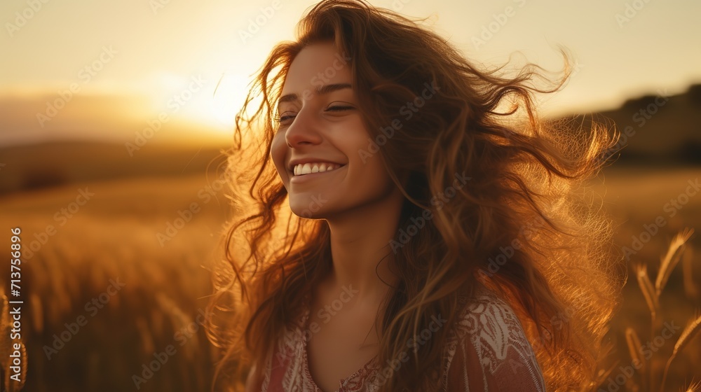 Backlit_Portrait_of_calm_happy_smiling_free_woman_will concept image in sunset background