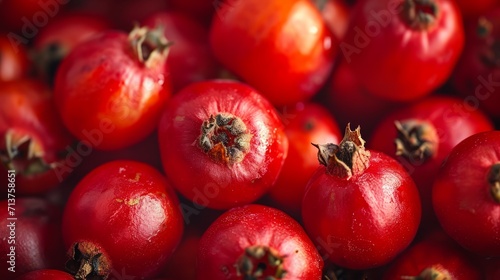 Close-up of vibrant red rosehips clustered against a blurred background photo