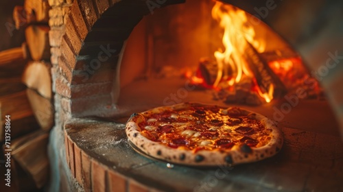 Freshly baked pizza in a traditional wood-fired oven