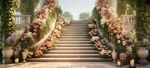 stairway surrounded by a heavenly garden with flowers
