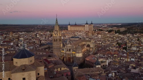 Wallpaper Mural Toledo, Spain: Cinematic aerial drone footage of the cathedral and the 16th century Alcazar palace in Toledo old town in the Castilla-La Mancha in central Spain at sunset Torontodigital.ca