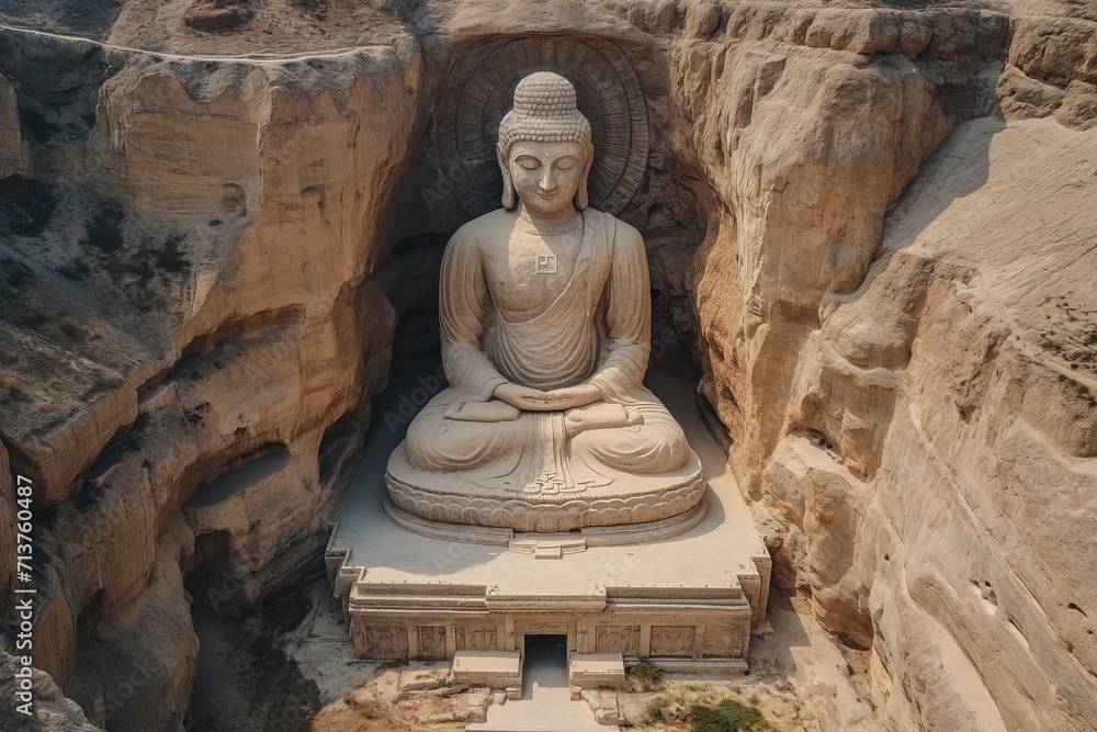 Huge Buddha statue carved out of stone in a mountain, aerial view