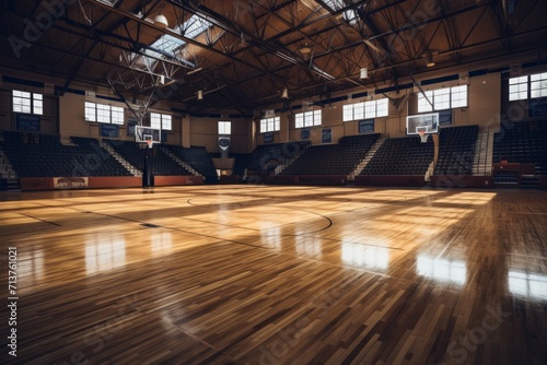 A basketball arena, showcasing the wooden floor of a basketball court © Emanuel