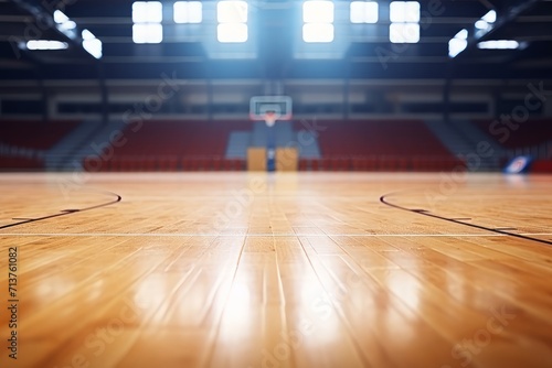 A basketball arena, showcasing the wooden floor of a basketball court photo