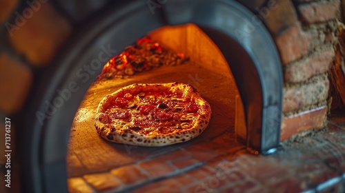 Freshly baked pizza in a traditional wood-fired oven